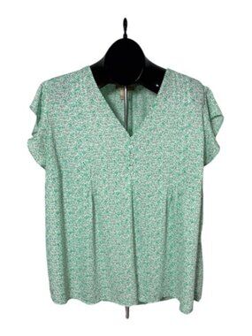 Cynthia Rowley Floral Top Blouse Women's 1X Green White Lightweight V-Neck EUC